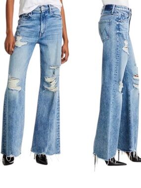 NEW MOTHER Sidestepper Sneak Chew STFU Distressed High Rise Wide Leg Jeans